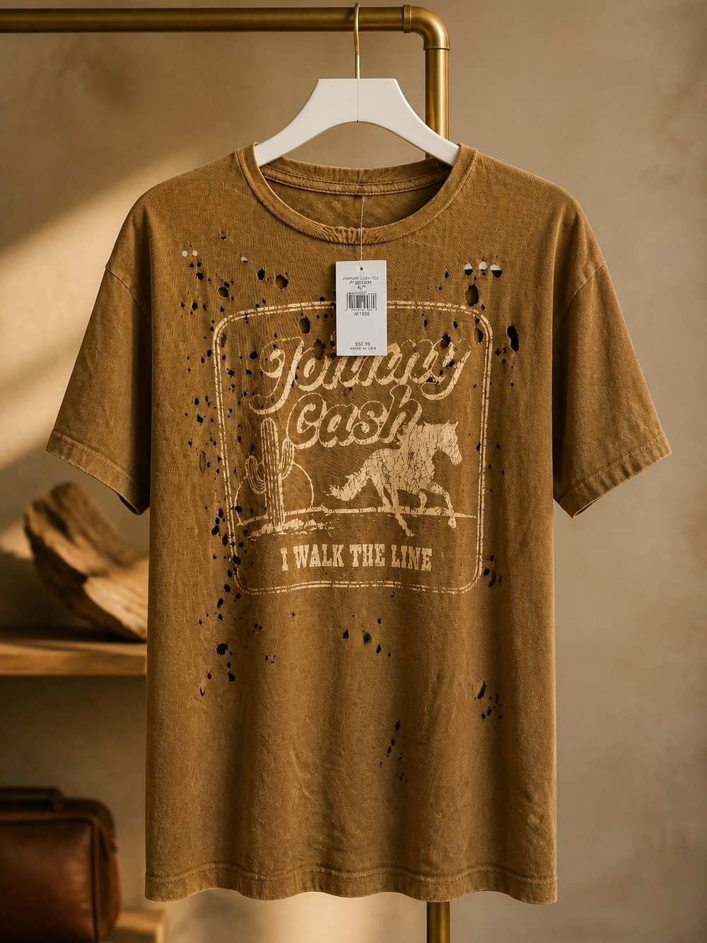 Johnny Cash 'I Walk The Line' Short Sleeve Tee - Brown - Picture 1 of 5